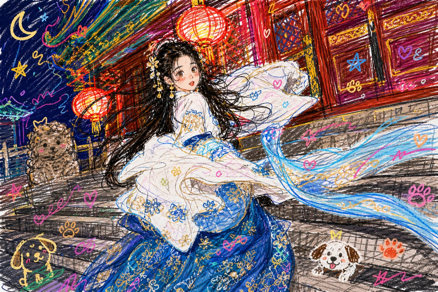 用彩色潦草小狗线条风格创作：童趣doodle加入，故意无章法、凌乱草率。 2