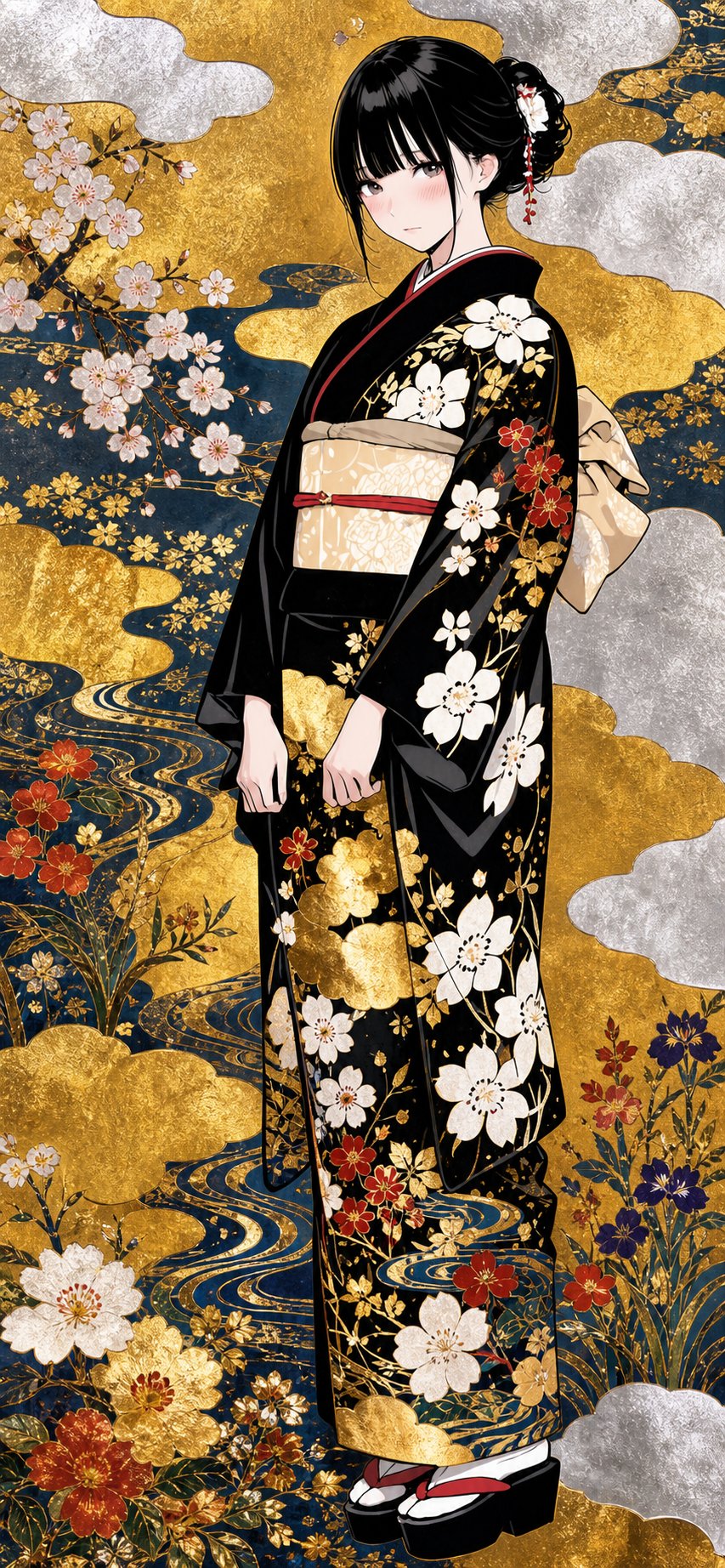 琳派华丽装饰风：金银云瀑花纹 4