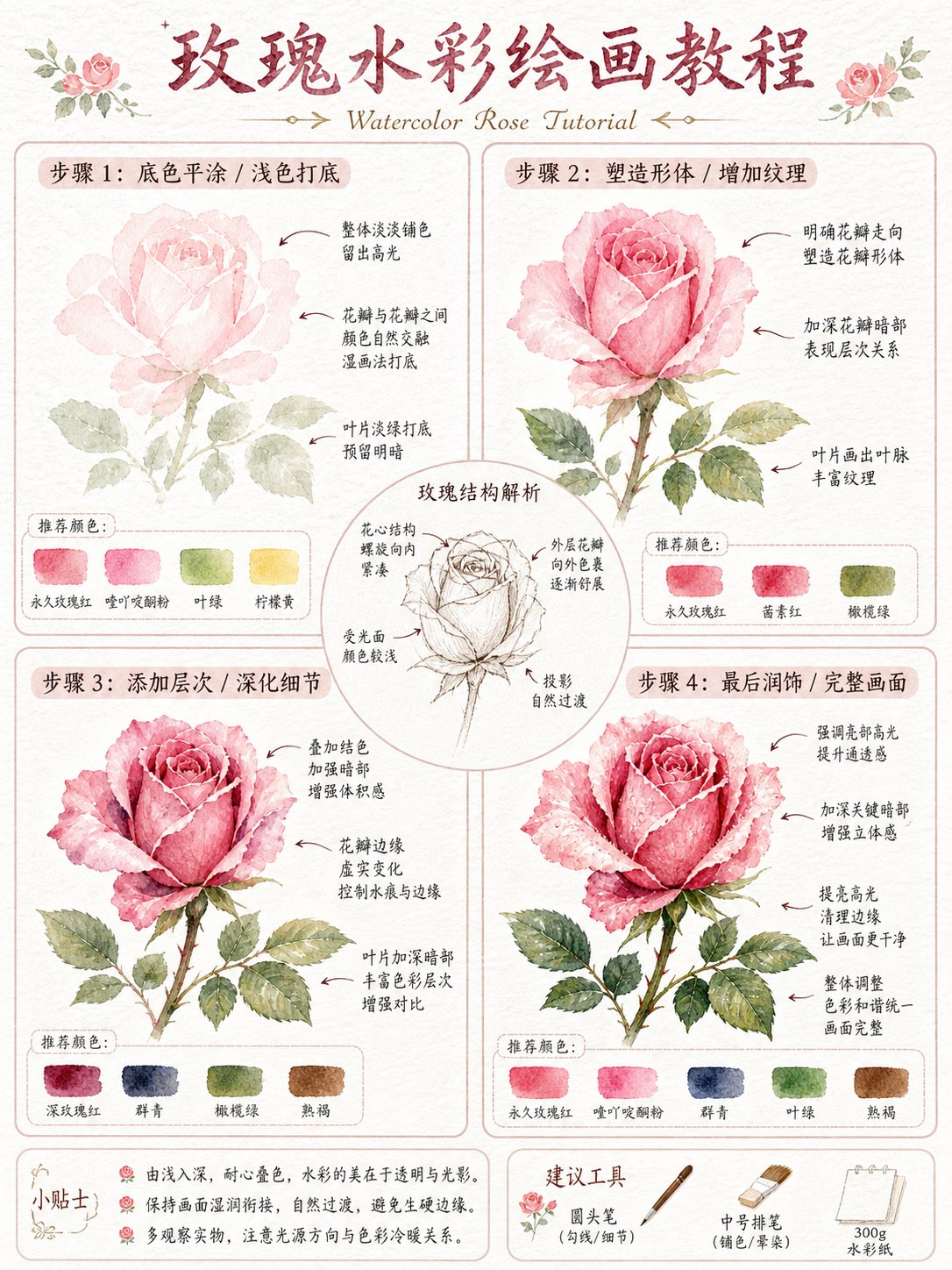 玫瑰水彩4步绘画教程海报设计 3