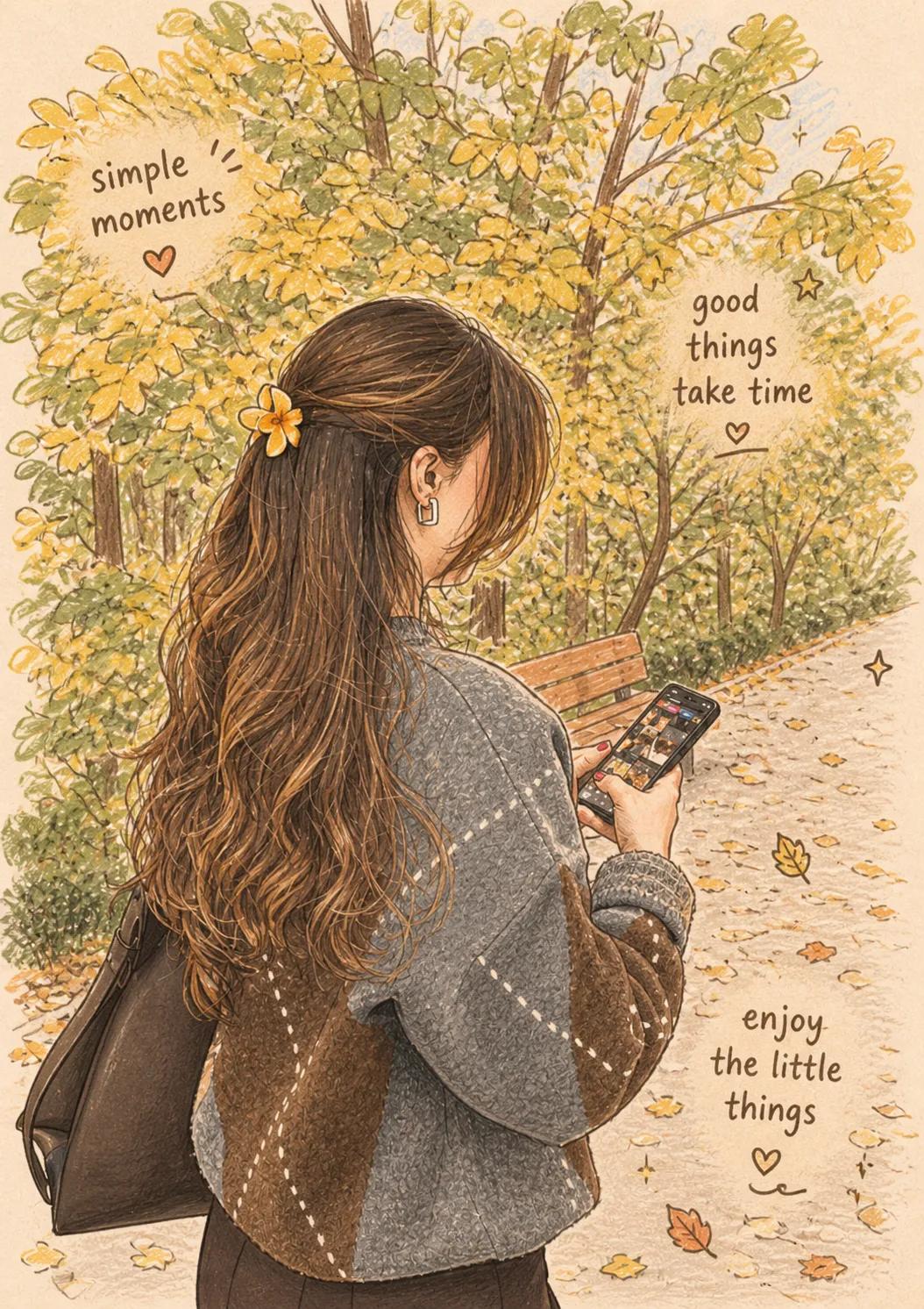 Autumn Park Girl and Pancake Breakfast Illustration Triptych 1