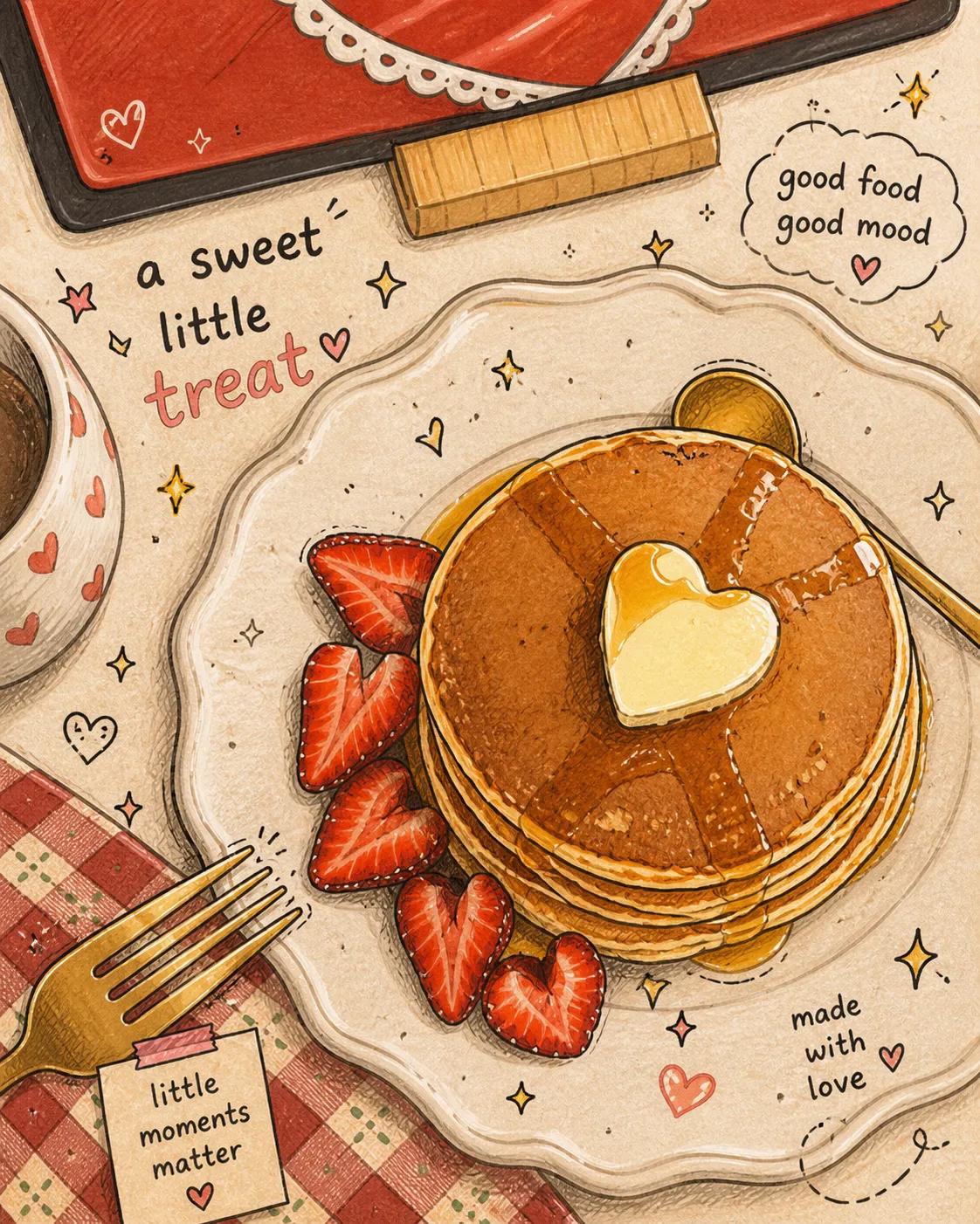 Autumn Park Girl and Pancake Breakfast Illustration Triptych 2