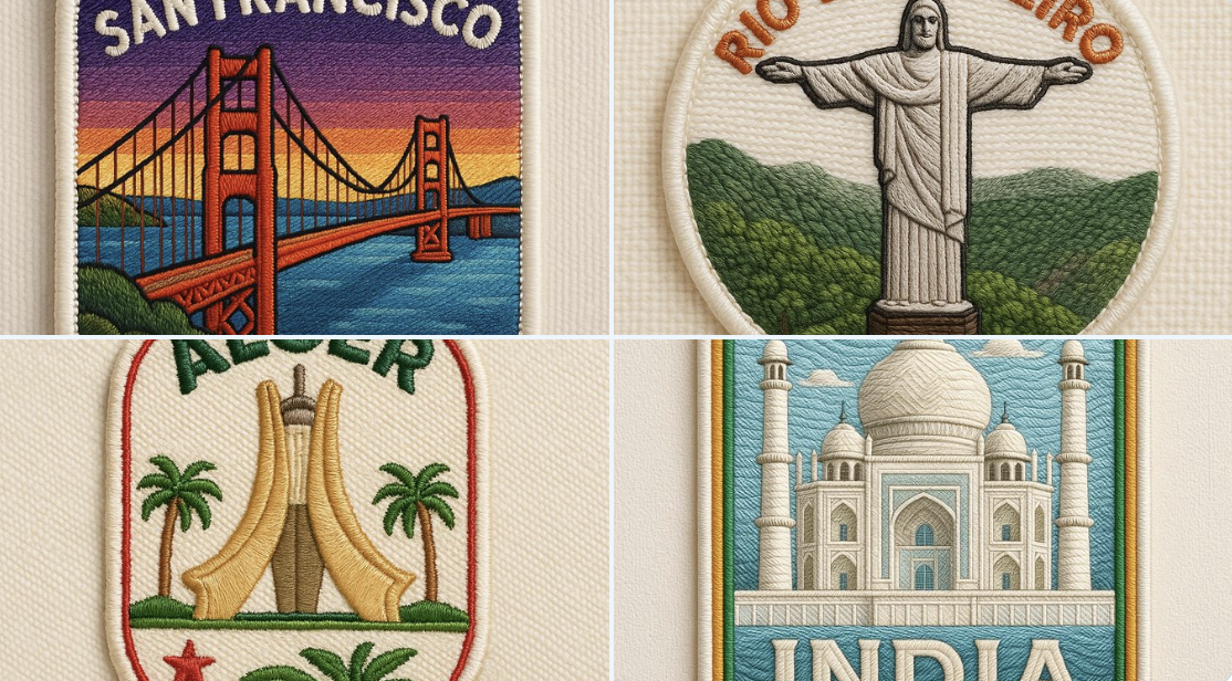 Photo of a city-themed embroidered sticker.