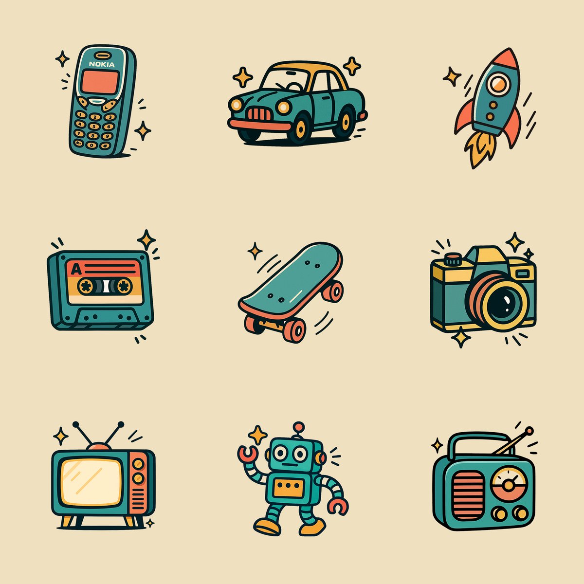 Vintage-style icons.