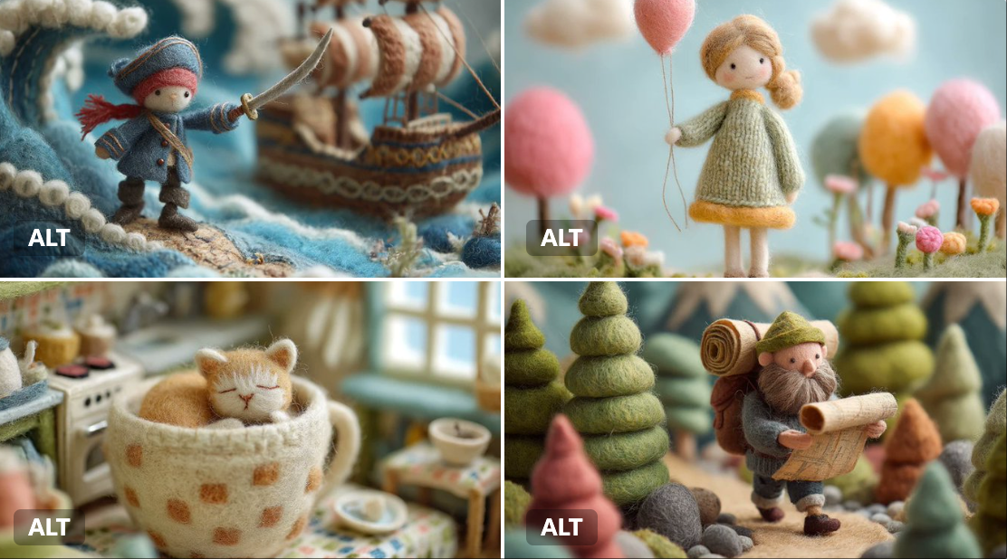 Miniature felted-wool figurines.