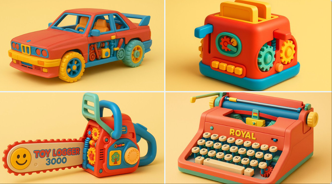 Vintage toys with custom textures.