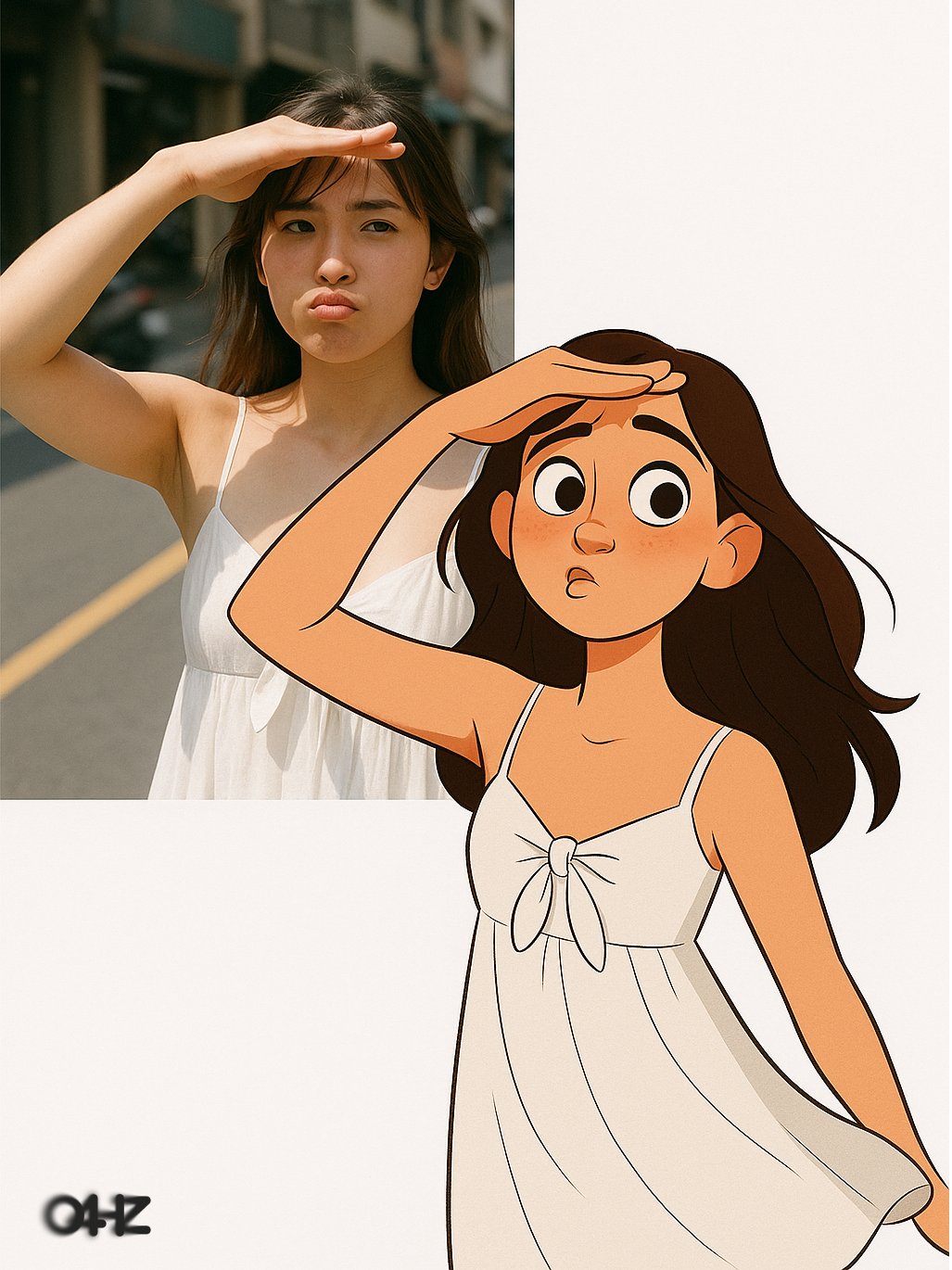Direct output showing a real person and a style comparison.