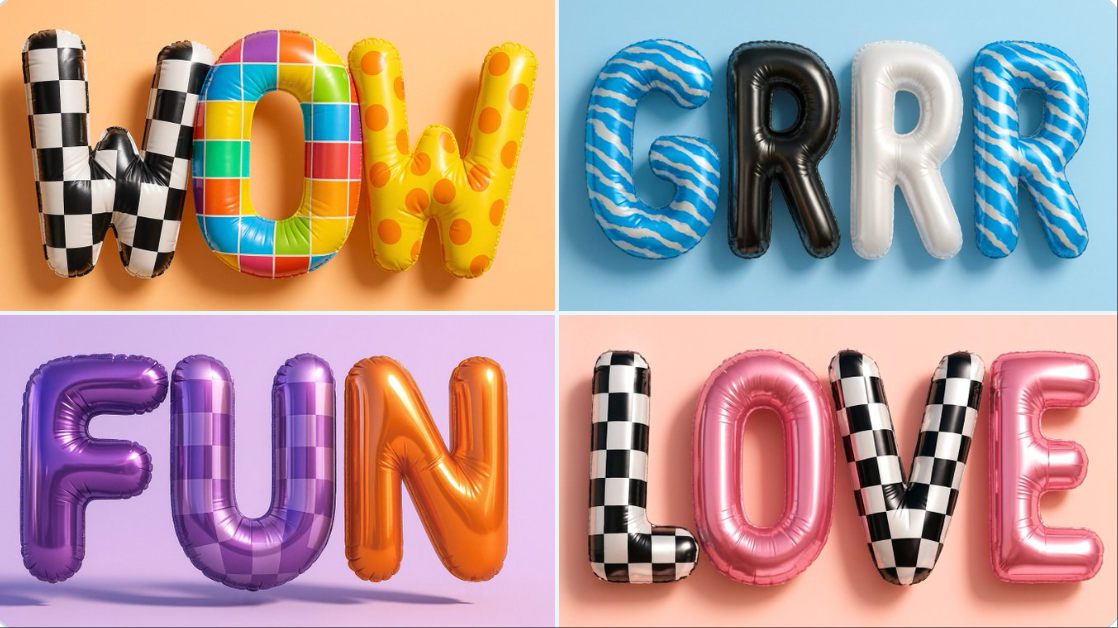 Text shaped like birthday balloons.