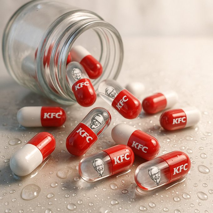 Capsules are pouring out of the transparent medicine bottle.