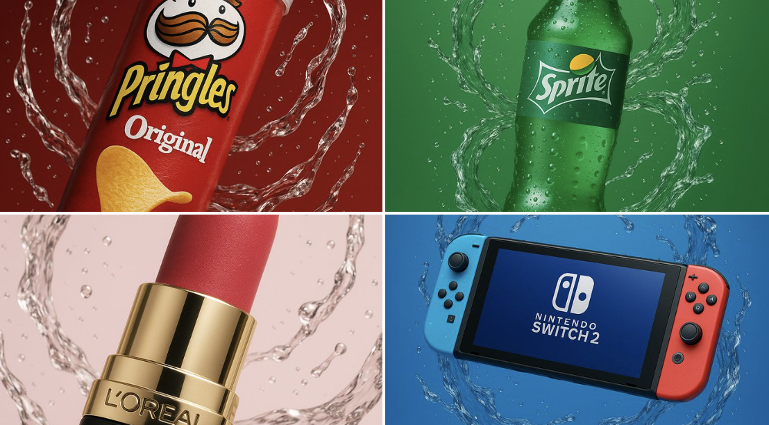 Brand products surrounded by elegant water vortices.