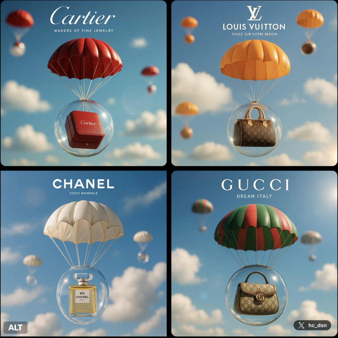 Brand-name luxury goods rain down from the sky.