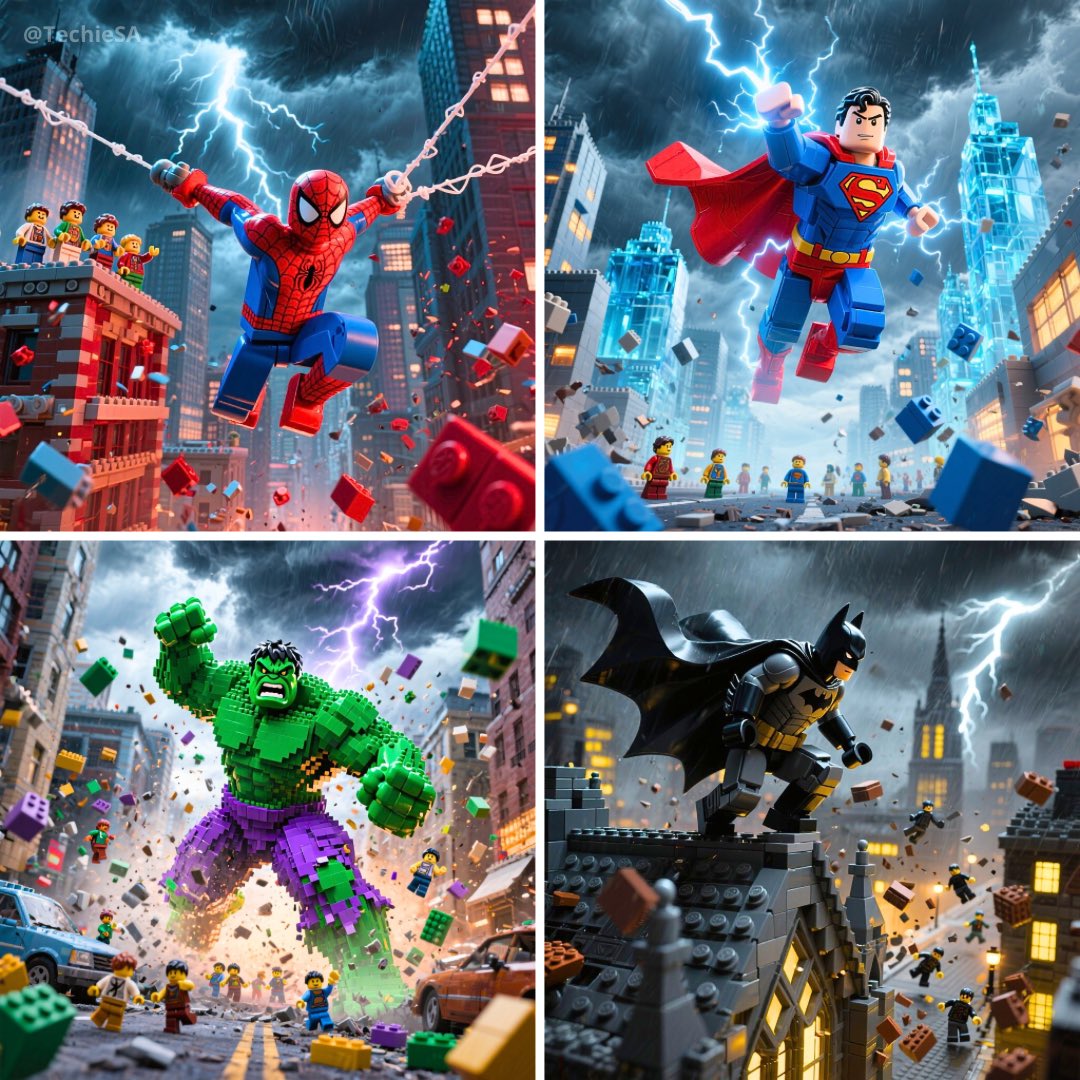 LEGO superheroes strike dynamic, action-packed poses.