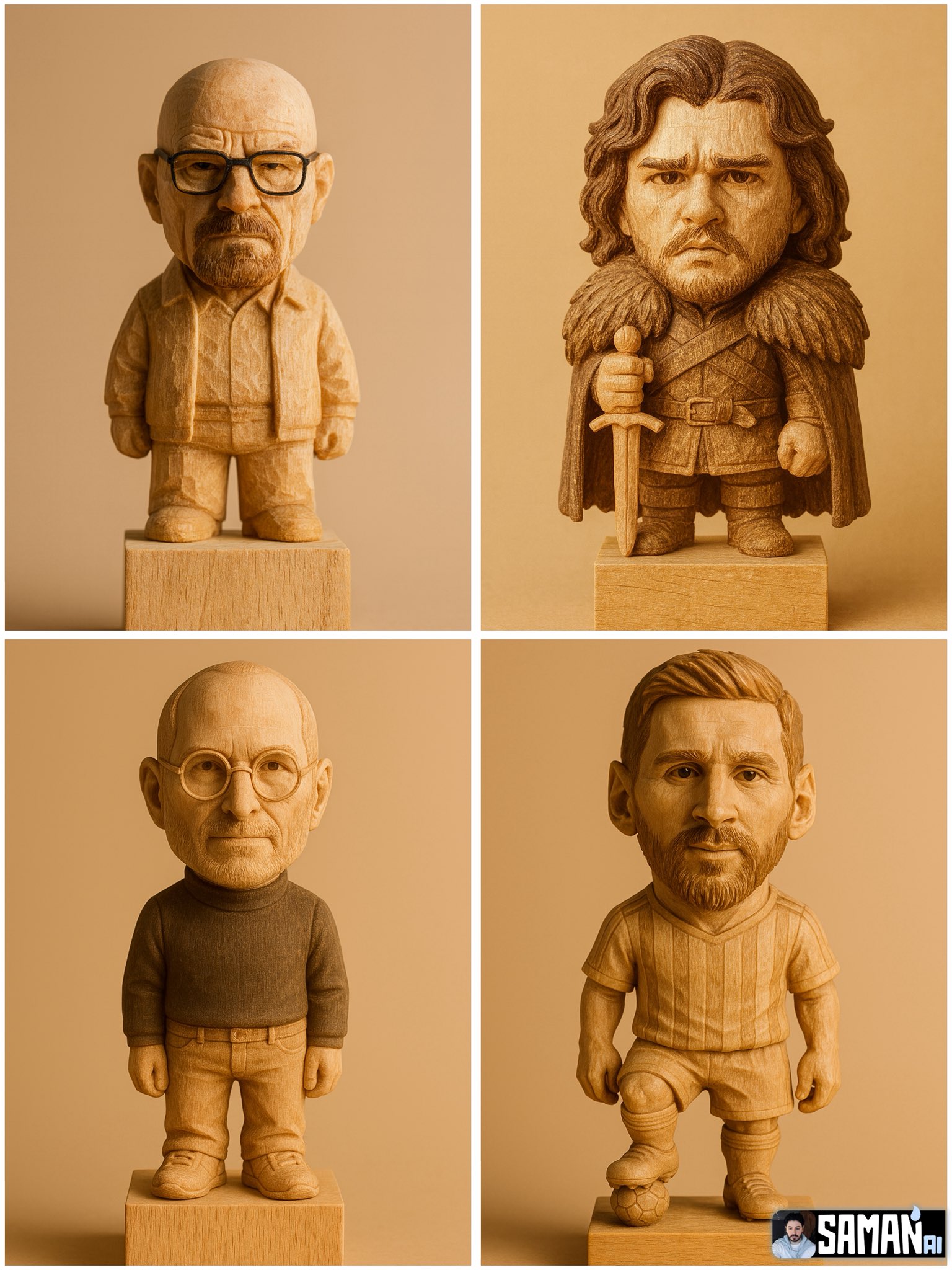 Chibi-style wooden-carved dolls.