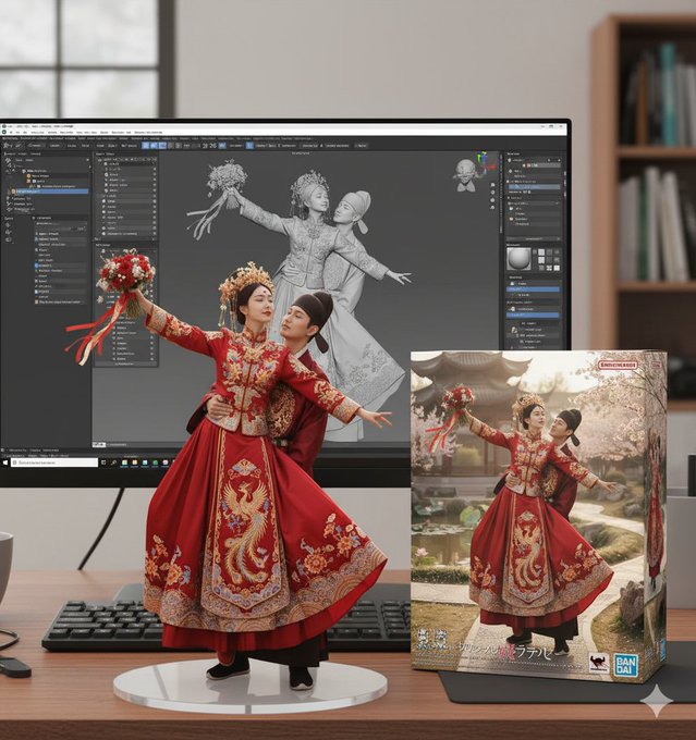 Figurine - ZBrush modeling, screen display, and Bandai-style packaging box.