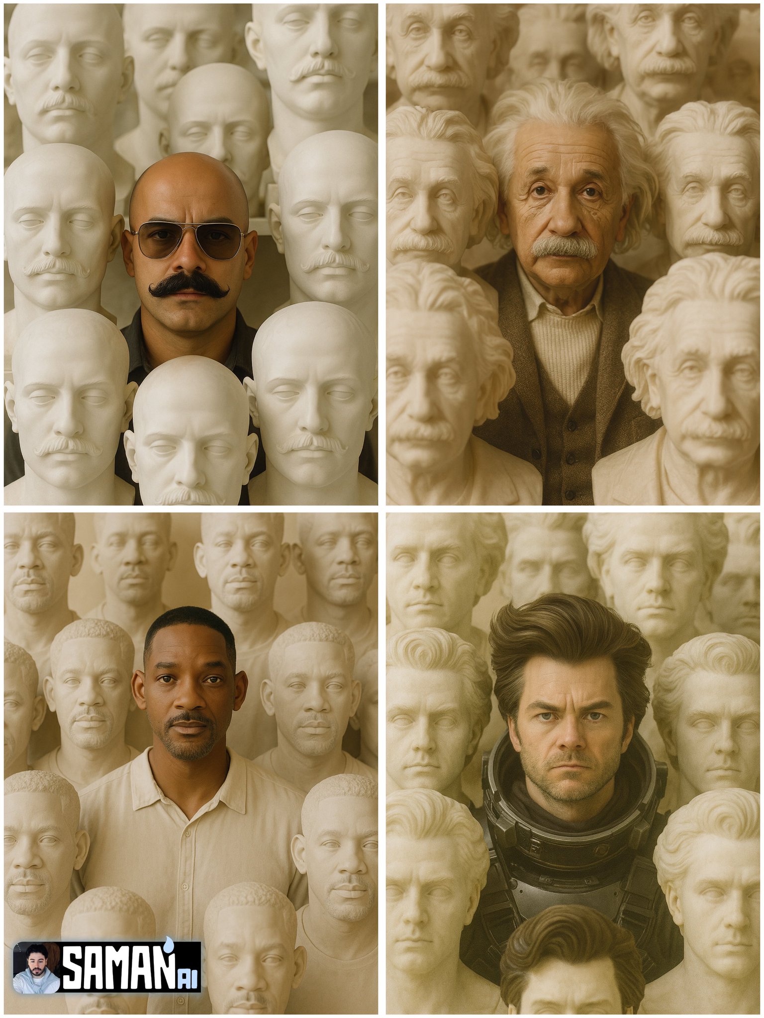 The hyperrealistic portrait is located at the center of the plaster.