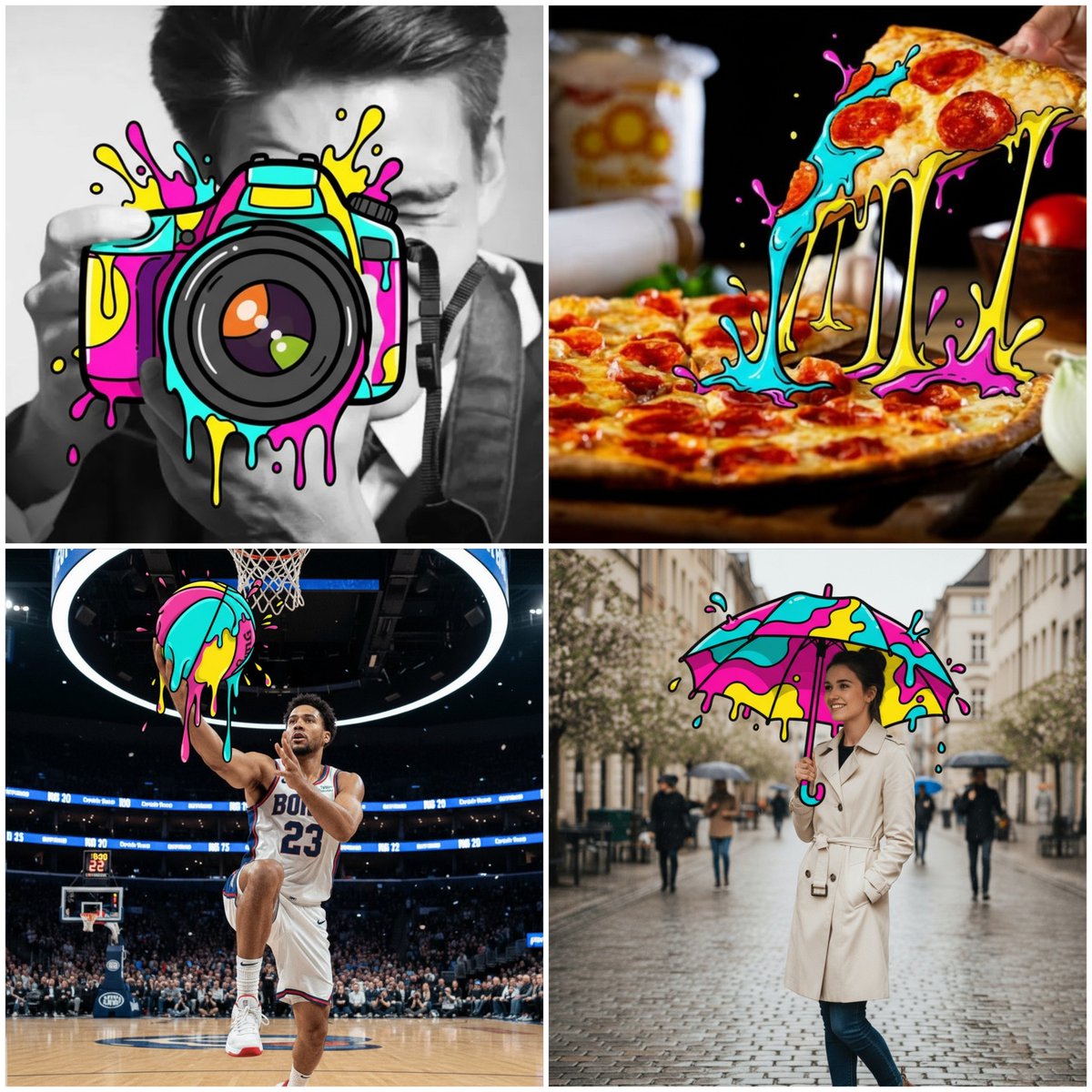 The object turns into bold, cartoonish droplets.