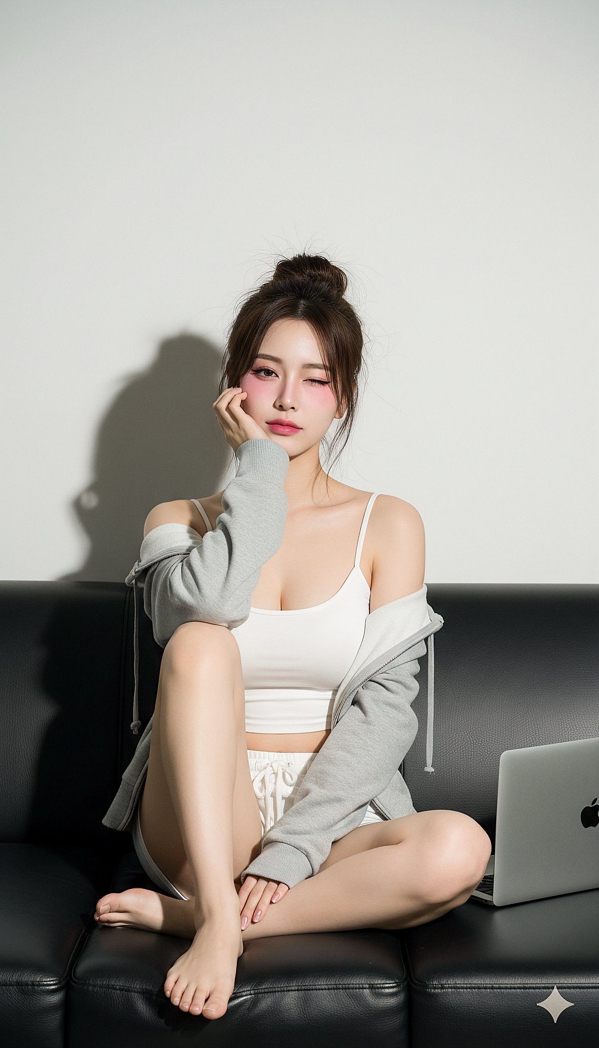 The girl is sitting on the sofa.