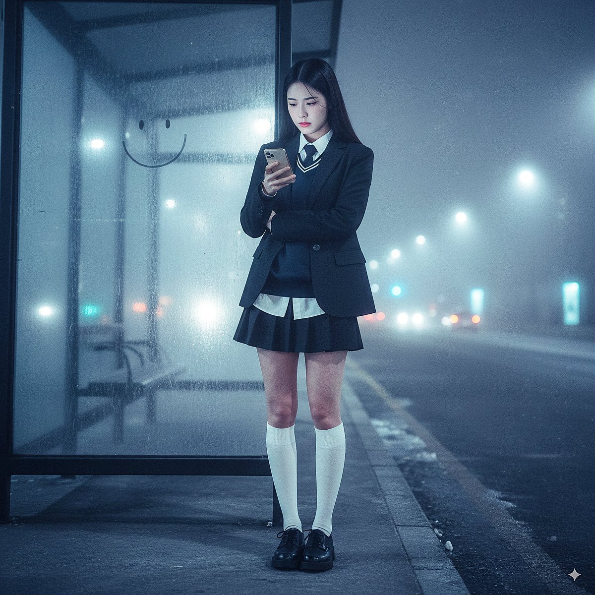 Full-body night portrait.