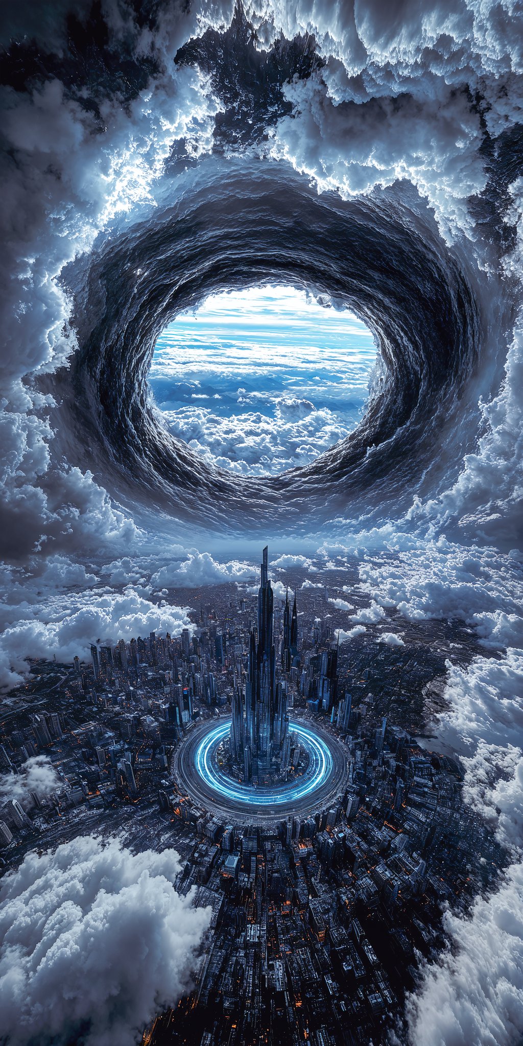A colossal vortex above the city breaks through the storm cloud layer.