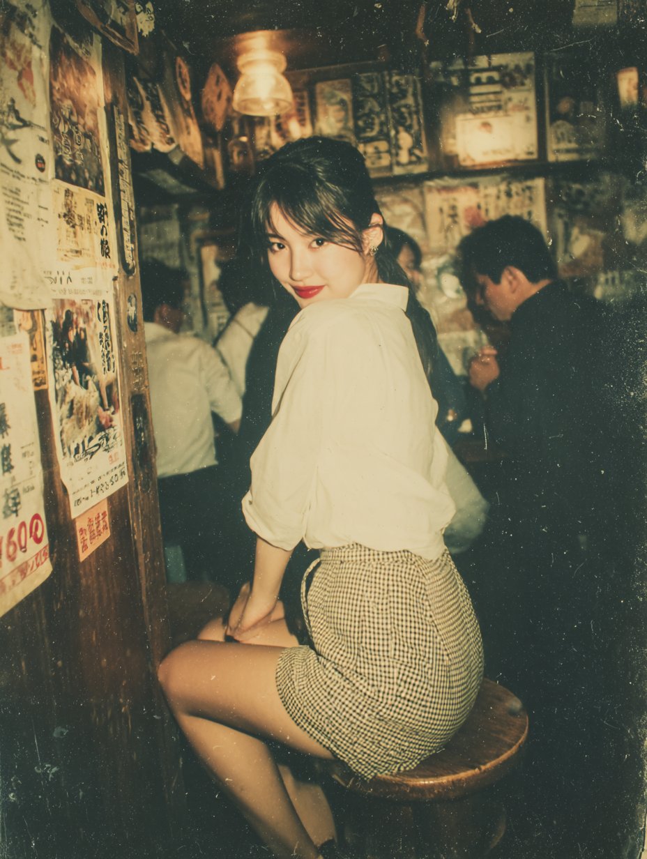 A photo of a beautiful woman taken with a flash in an izakaya.
