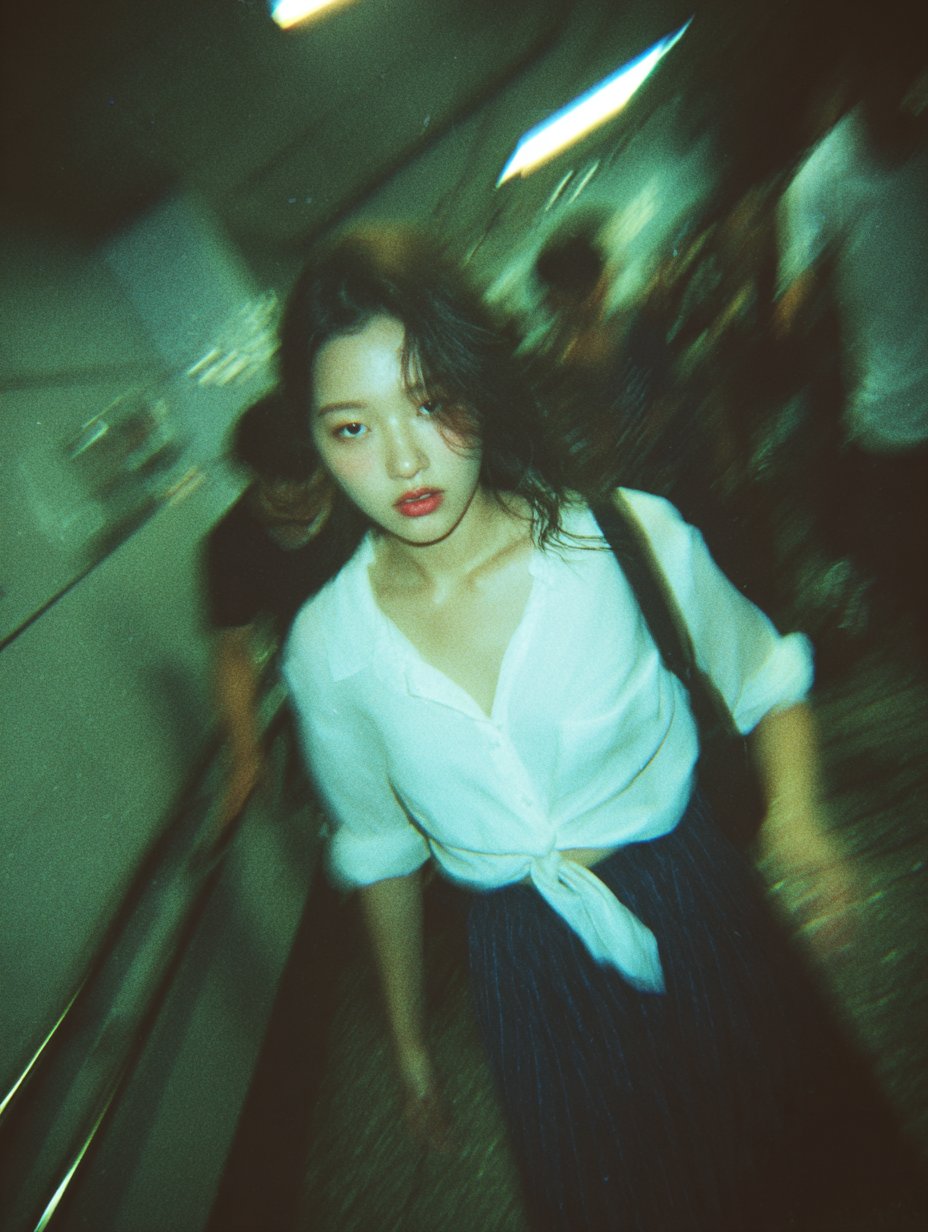 A photo of a beautiful woman in a Tokyo subway stairwell.
