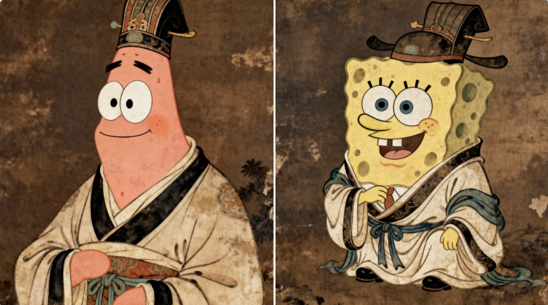 Patrick Star and SpongeBob in ancient costumes.
