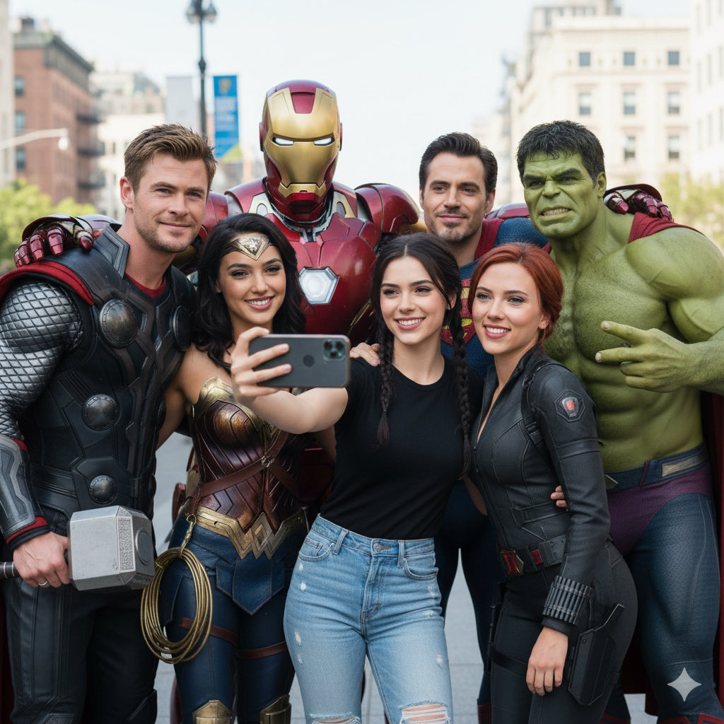 A group selfie with Marvel characters.