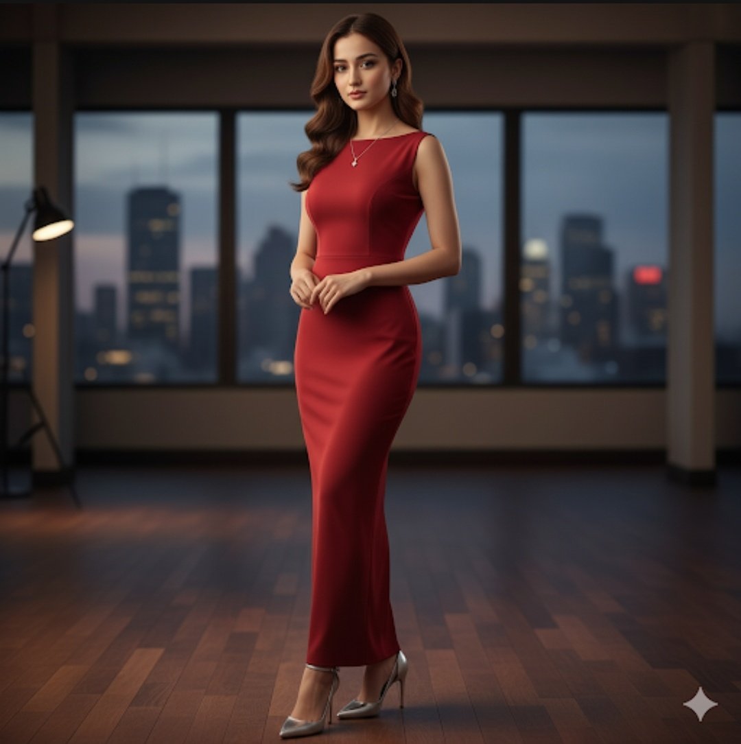 A woman in a red evening gown.