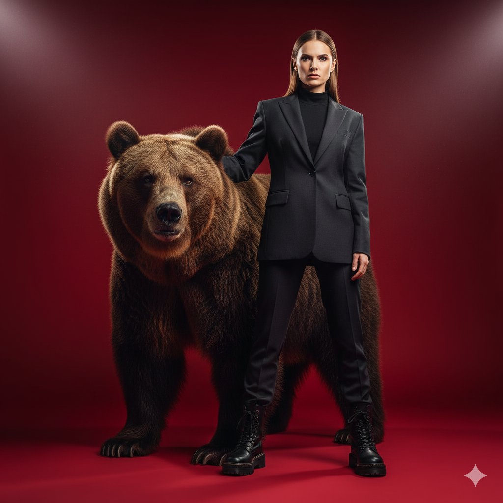 A fashionable woman posing for a photo with a bear.