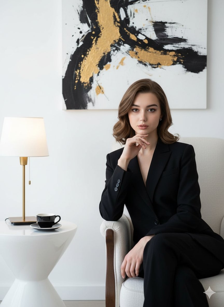 A confident and elegant woman in a black suit.