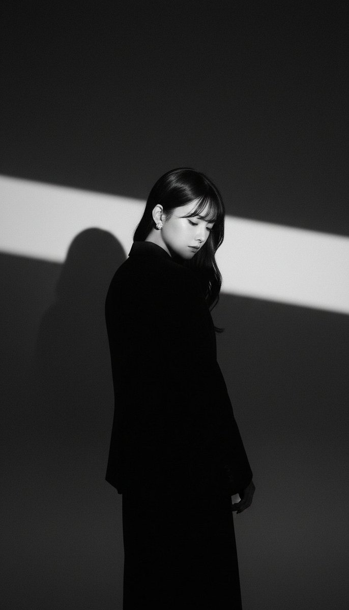 A dramatic black-and-white studio portrait.