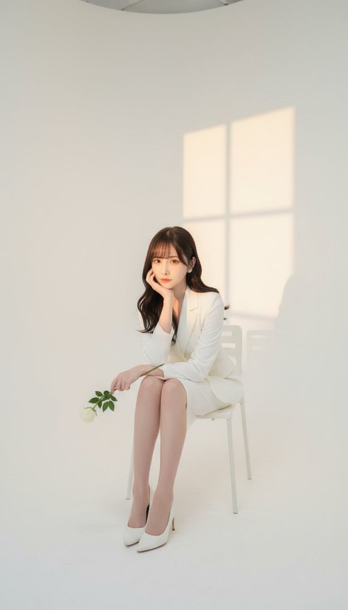 A studio portrait of a woman sitting on a chair.