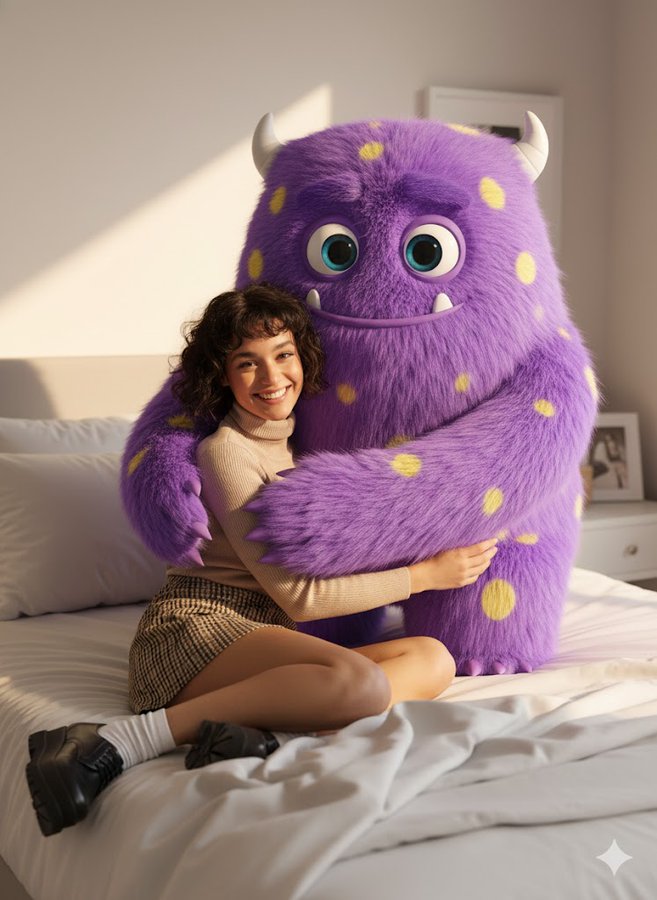 Sitting next to a fluffy giant cartoon monster.