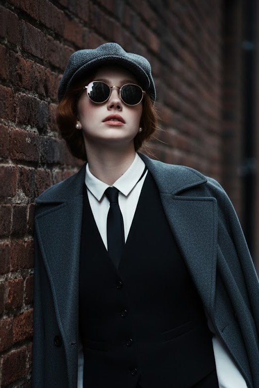 Wearing a newsboy cap and a black vest.