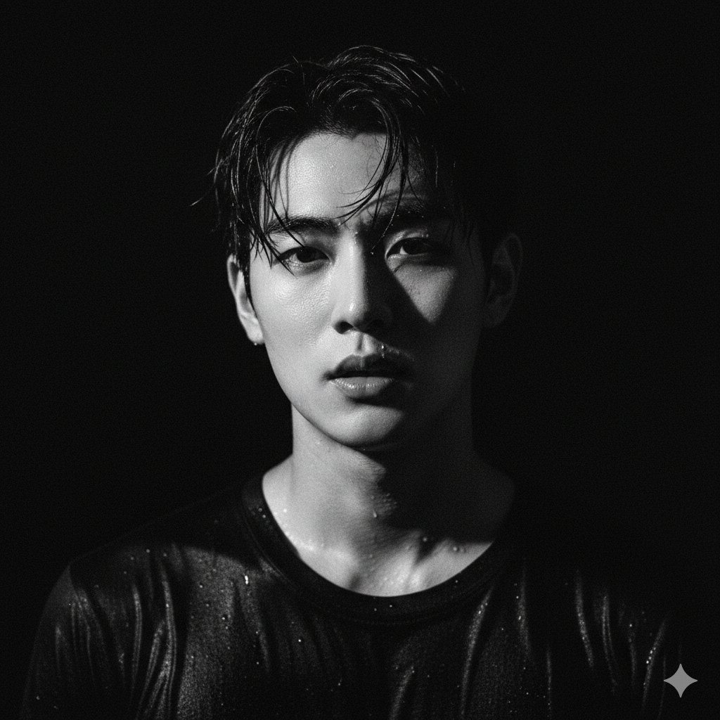 A black-and-white close-up portrait with strong dramatic tension.