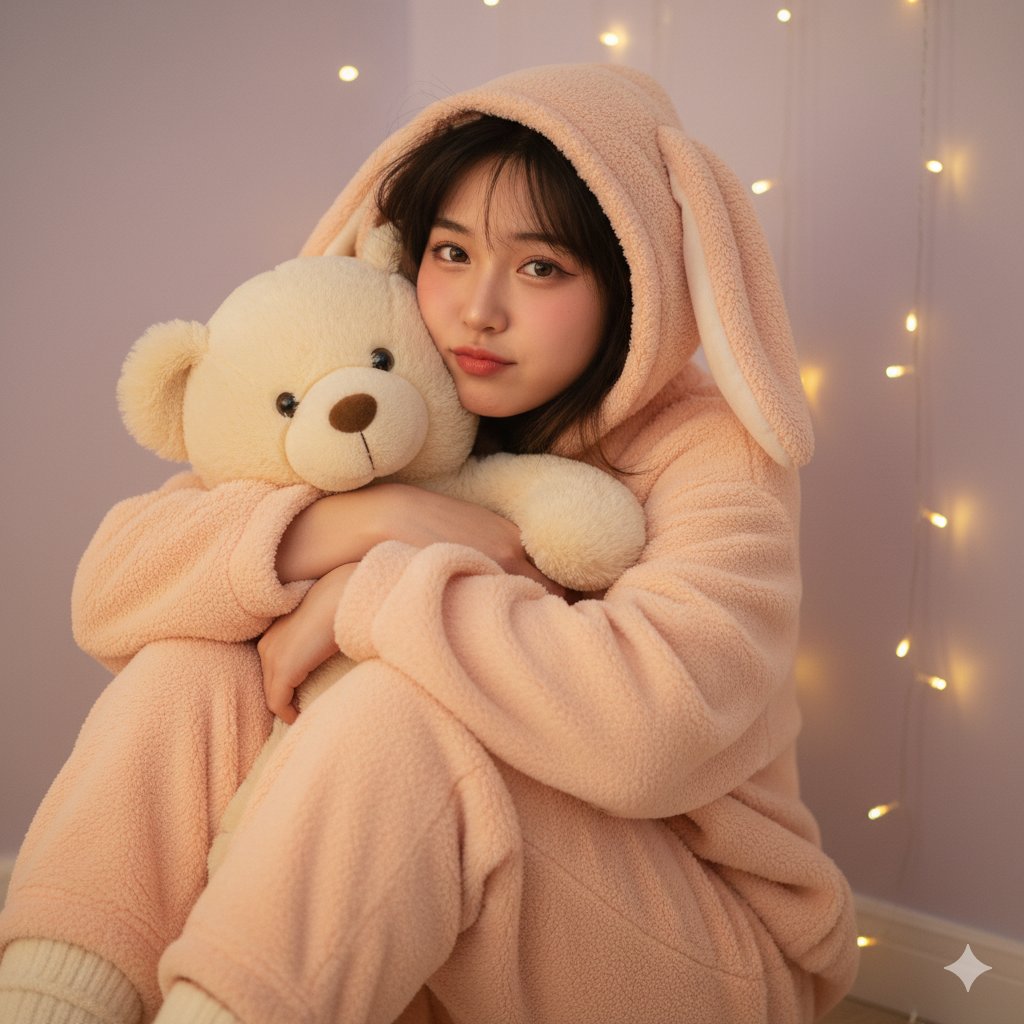 A girl in loose, fluffy, light peach-pink pajamas.
