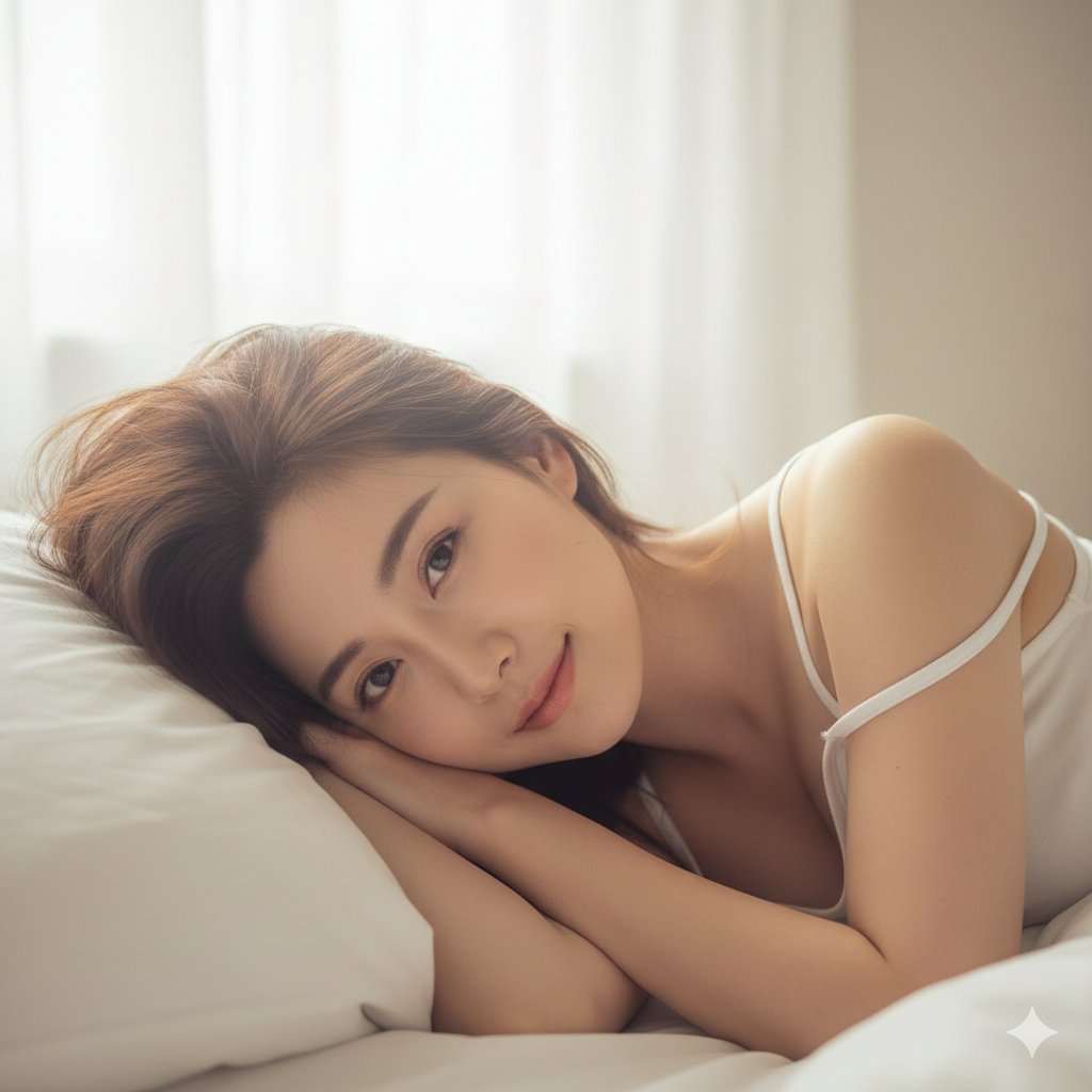 A sleepy-eyed girl on a white pillow.