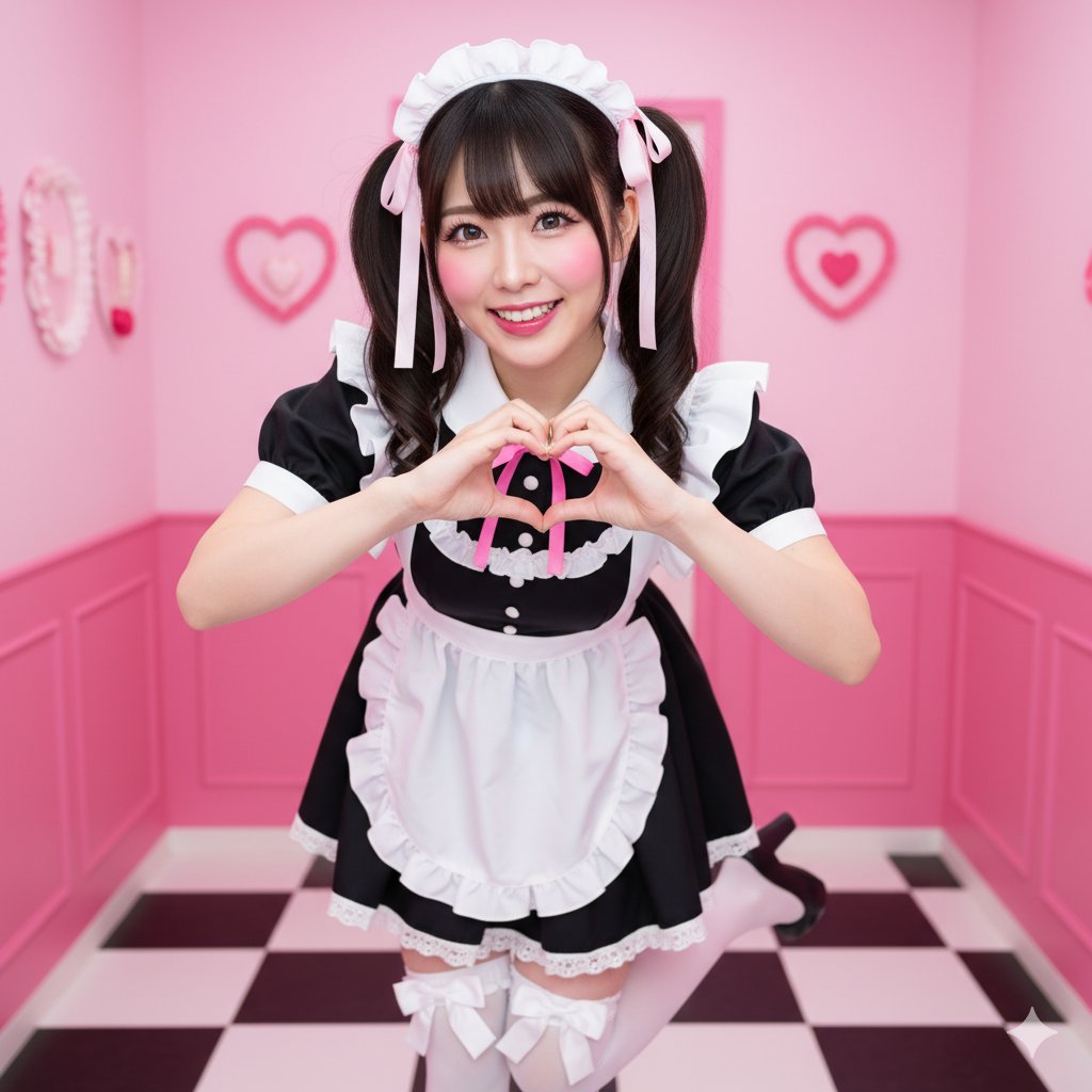 A girl with twin ponytails making a heart gesture.