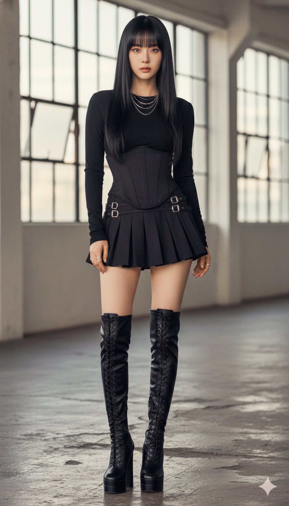 A full-length, photorealistic fashion portrait.