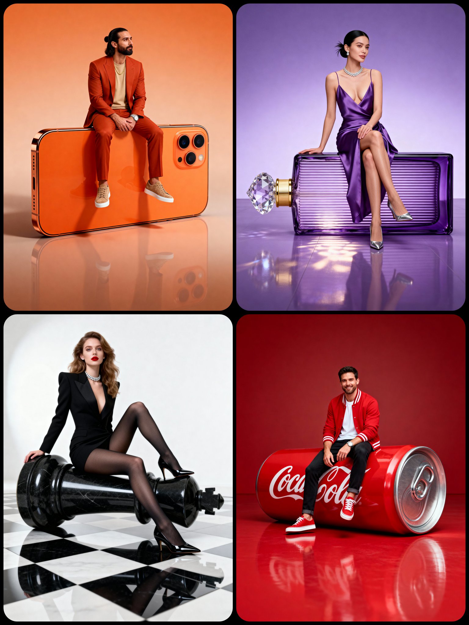 Photos from a studio shoot with oversized props.