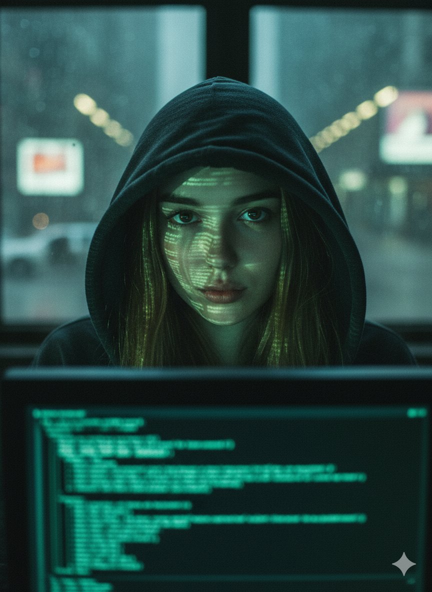 A close-up portrait of a young woman wearing a dark hoodie.