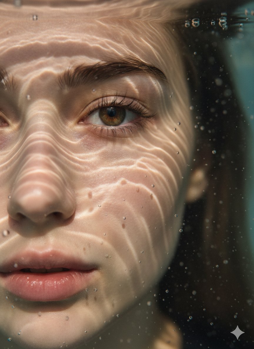 A hyper-realistic, highly detailed underwater close-up portrait.