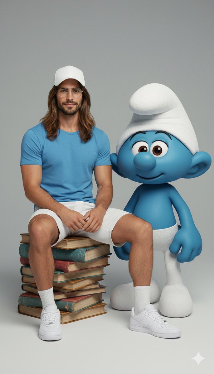 Ultra-realistic full-body portrait interacting with a character.