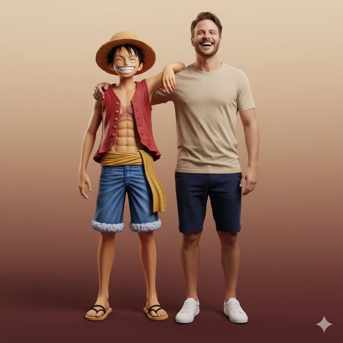 A hyperrealistic full-body portrait interacting with Luffy.
