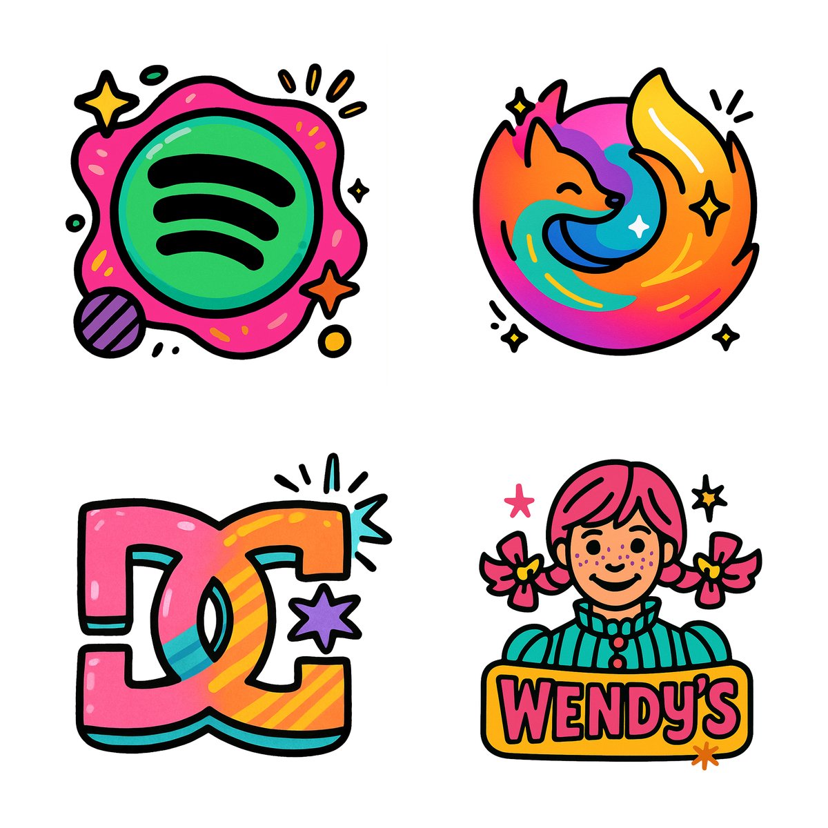Colorful, playful cartoon icons and logos.