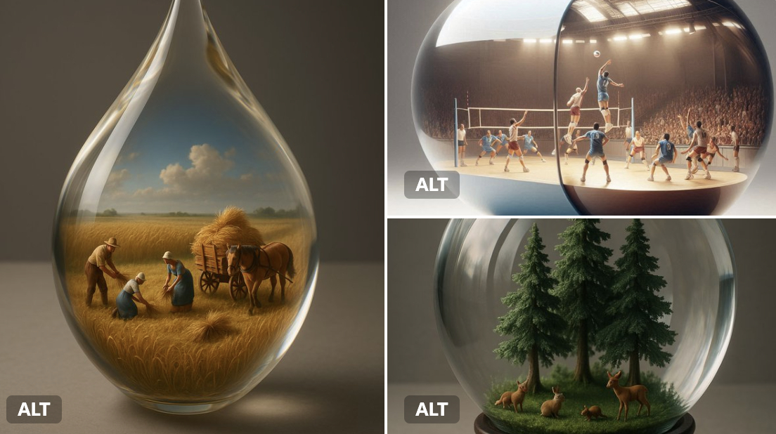 There is a miniature 3D world inside a transparent container.