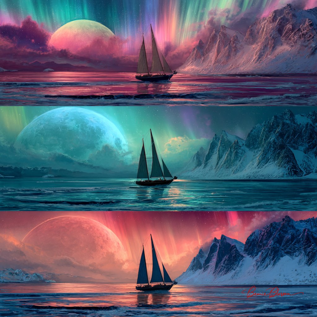 Three different fantastical sailboats at sea.