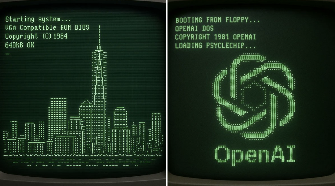 Convert the boot screen of a vintage computer into ASCII art.