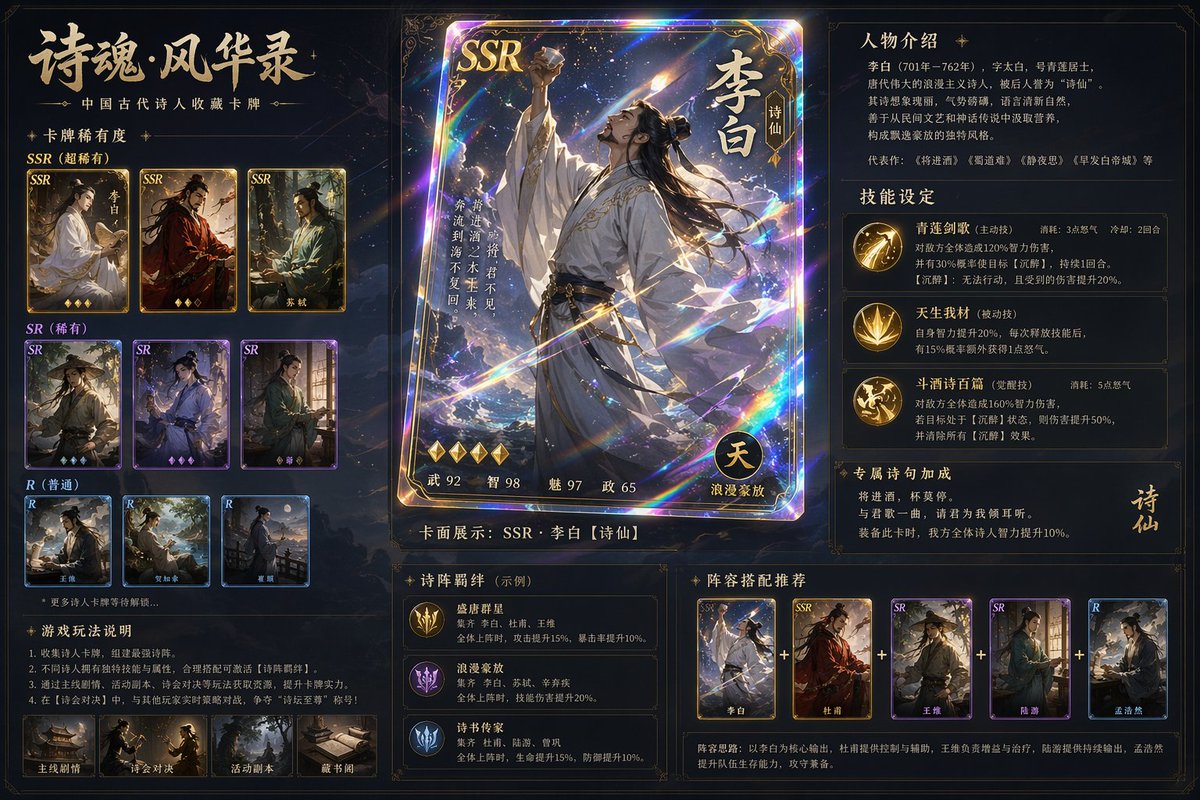Design a set of game cards for ancient Chinese poets, classified by SSR SR R grades, wi...