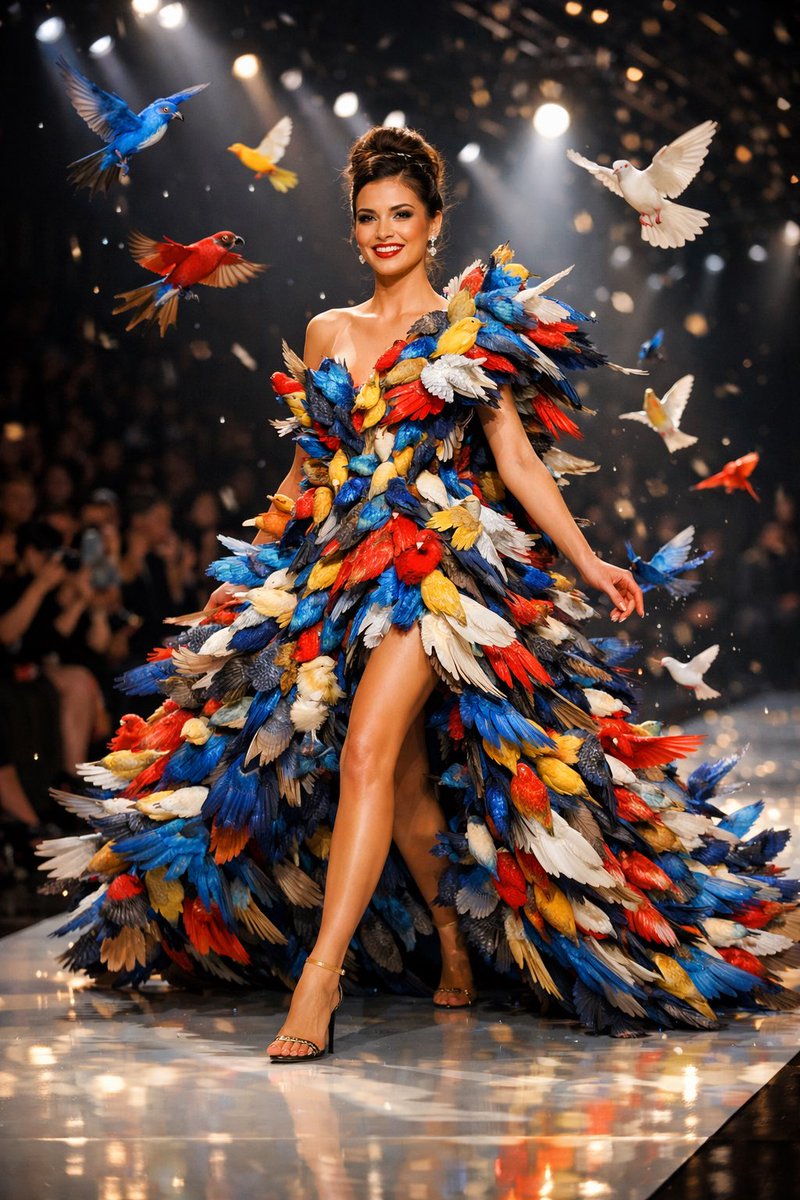 A playful high-fashion runway scene featuring a confident woman walking a luxury fashio...