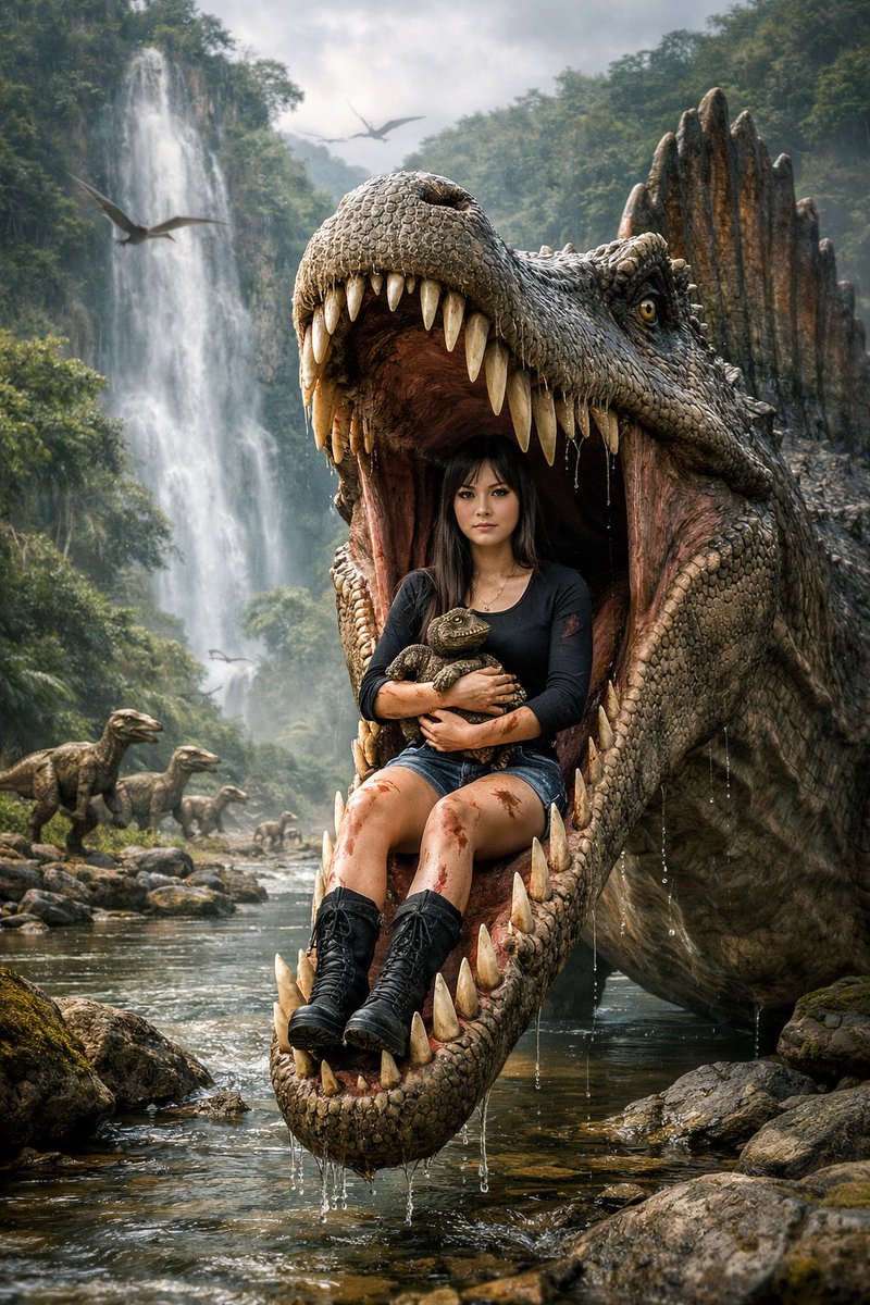 Ultra-realistic cinematic fantasy scene set in a lush prehistoric jungle valley